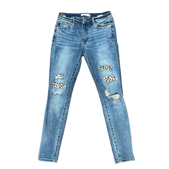 KanCan Size 9 28 Jeans Leopard Patched Holes Distressed Mid Rise Skinny Stretch - Picture 1 of 11